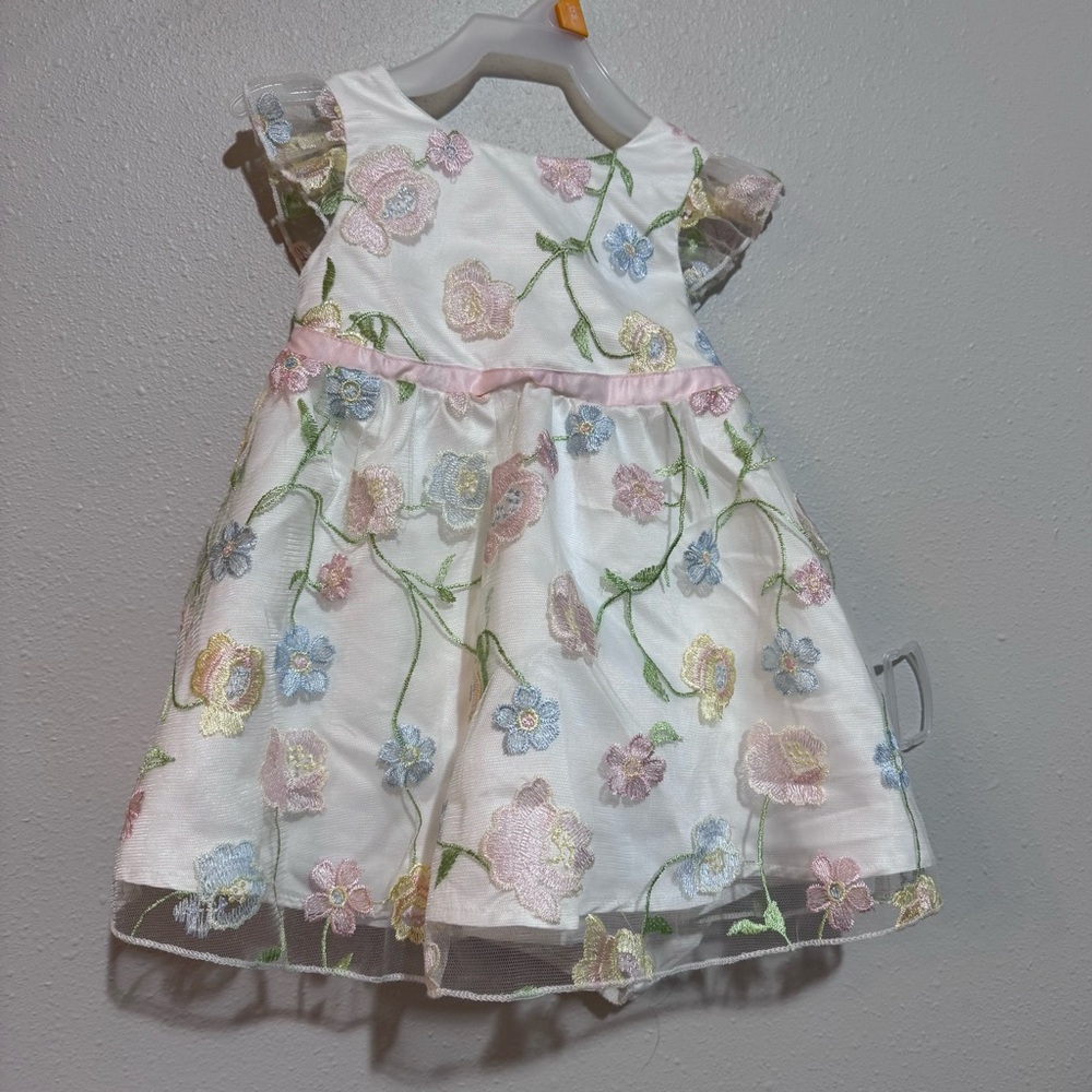 Formal Ivory Floral Embroidered Dress Set with Bow & Bloomers, Short Sleeve, 12M